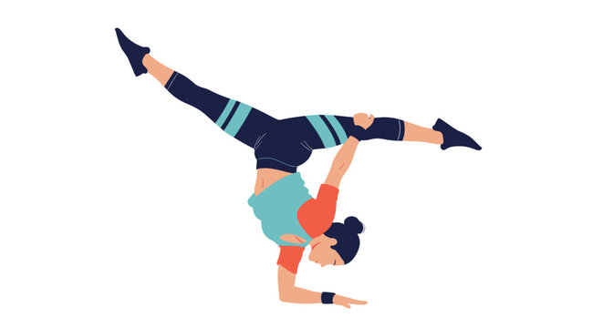 Skilled female breakdancer performing a difficult acrobatic move balancing on her forearms with legs in a wide split.
