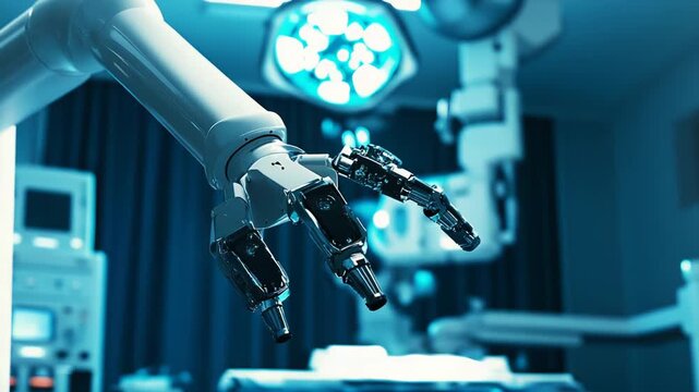 Robotic arm featuring advanced surgical instruments in a sterile operating room. Representing the future of medical technology and precision healthcare innovation supported by artificial intelligence