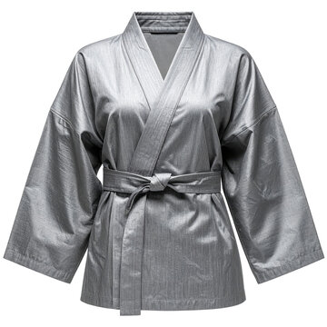 Traditional Japanese Short Grey Kimono Robe with Sash Belt Isolated on White Background