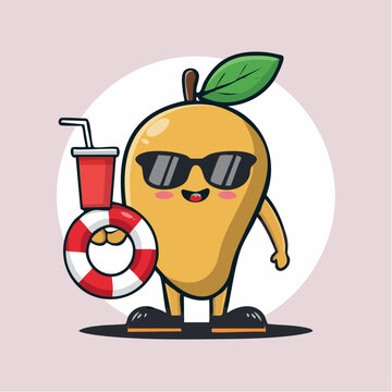 Cute Mango Character with Sunglasses and Drink at the Beach
