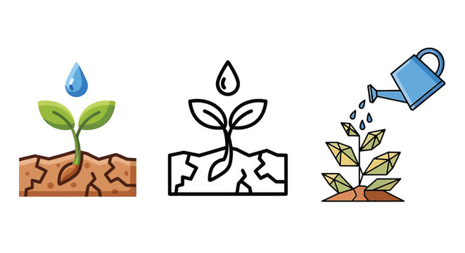 Smart irrigation and agricultural plant watering vector illustrations set. Concepts of sprout cultivation in dry soil with water droplet, line art icon, and automated crop watering can system
