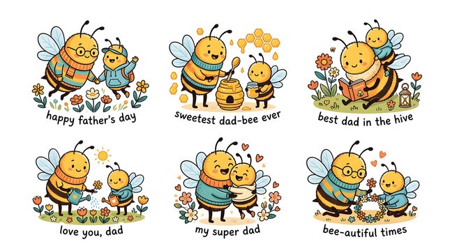 Adorable bee parent and child vector graphics celebrating paternal love and heartwarming moments, perfect for Father's Day crafts, sweet decorative stickers, and fun activity sets