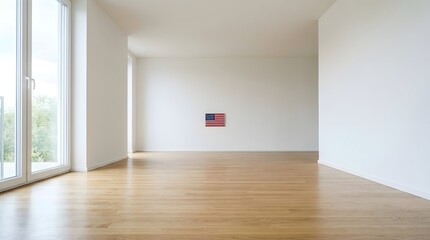 Fototapeta premium Empty modern room with american flag on wall and wooden floor