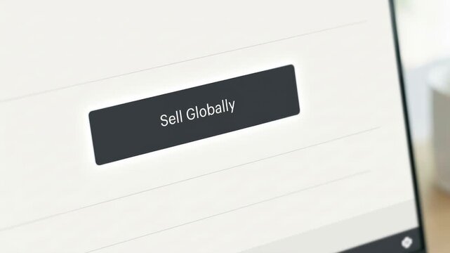 Sell globally button on touchscreen tablet with finger tapping to start international e commerce, marketplace expansion and digital sales growth