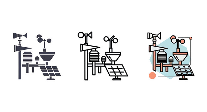 Weather Station Icon Set Featuring Anemometer Wind Vane Solar Panel and Meteorological Sensors Representing Climate Monitoring Environmental Science Data Collection and Renewable Energy