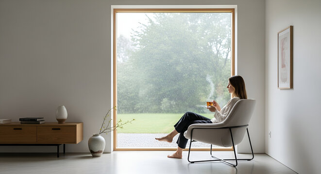 Woman relaxing with hot tea by a large window watching rain fall on a green landscape - cozy home scene