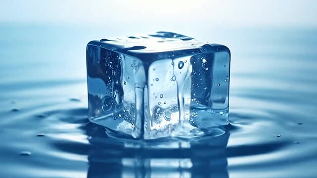 A single clear ice cube sits in water with liquid pouring over the top surface