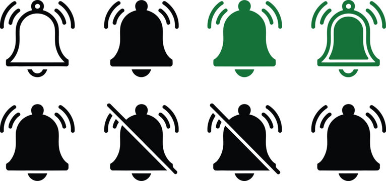 Notification bell icons alert and mute alarm buttons for mobile app interface design social media and system reminders vector set for communication platforms and user engagement systems.