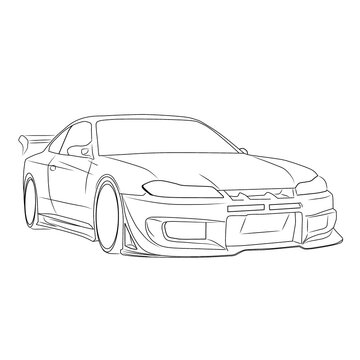 Minimalist line art illustration of a modern Japanese sports car with custom body kit and racing spoiler