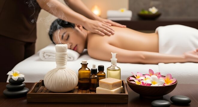 Relaxing spa massage with aromatic oils and candles, serene ambiance