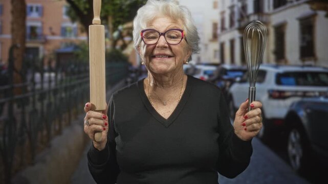 Senior woman smiling holds a rolling pin and metal whisk in her hands, wearing glasses and red nail polish, standing on a cobblestone street with parked cars; cheerful baking.