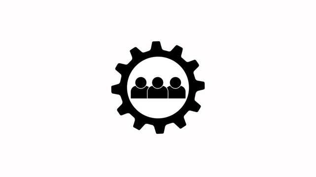 Black Animated Gear Cog Icon with Three Human Figures Inside on White Background Representing Workforce Management Team Coordination System Integration and Industrial Human Resources Concepts.