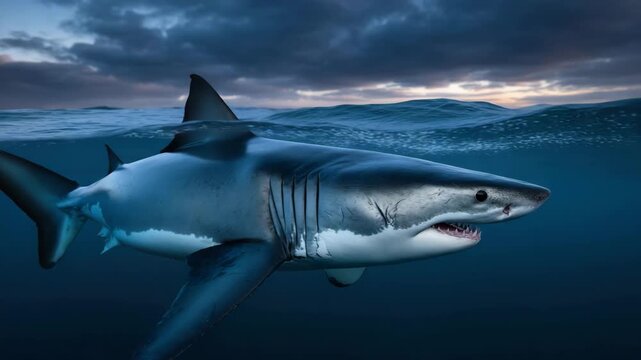 Great White Shark Underwater Ocean Predator Marine Wildlife Blue Water Open Sea Swimming Through Deep Open Water Apex Predator Fish Animal Nature Dorsal Fin Tail Gills Dramatic Sky