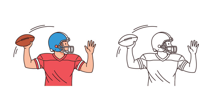 American football quarterback throwing the ball. Color illustration and black and white line art outline for coloring book.