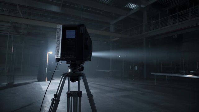 Industrial projector with tripod casting a strong beam of light through the dark, dusty atmosphere of a moody, empty warehouse space, evoking concepts of cinema production and filmmaking