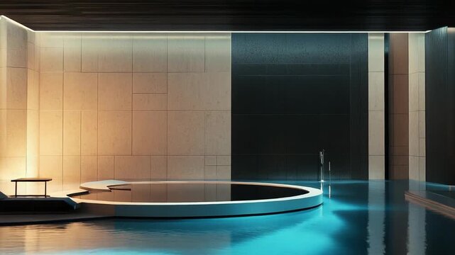 Luxury indoor pool reflecting warm and cool light, featuring sleek architectural lines, a minimalist lounge chair, and a tranquil spa like atmosphere for relaxation and wellness
