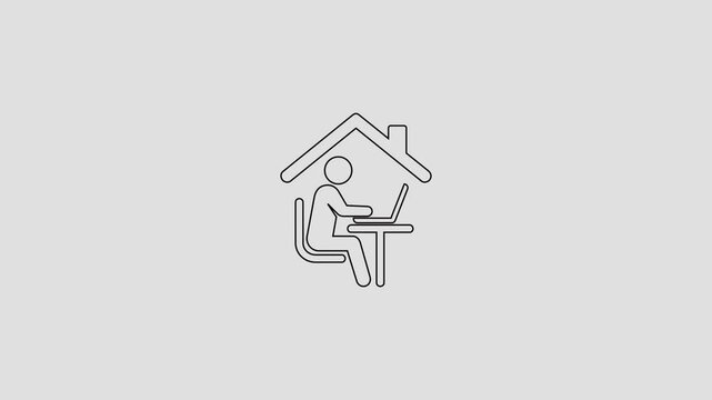 Remote worker sitting at desk under house roof line working on laptop computer in minimalist style telecommute