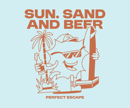 Summer Beer T-shirt Design for Print. Apparel Design for Brand, Vintage Classic Beer Graphic Cartoon Vector Illustration. Vacation, Holiday 