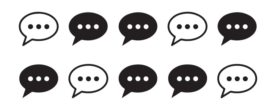 Set of black speech bubbles with three dots icon in different shapes on transparent background.