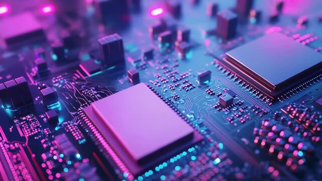 Microchip mounted on a printed circuit board containing various electronic components, glowing with vibrant neon purple and blue lights, symbolizing advanced technology and digital data processing