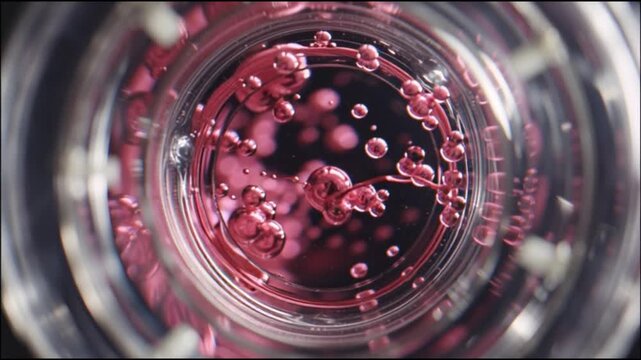 Chemical energy fuel innovation. Battery potential sustainability. Combustion dynamics. Close-up of red liquid with bubbles inside a clear glass container