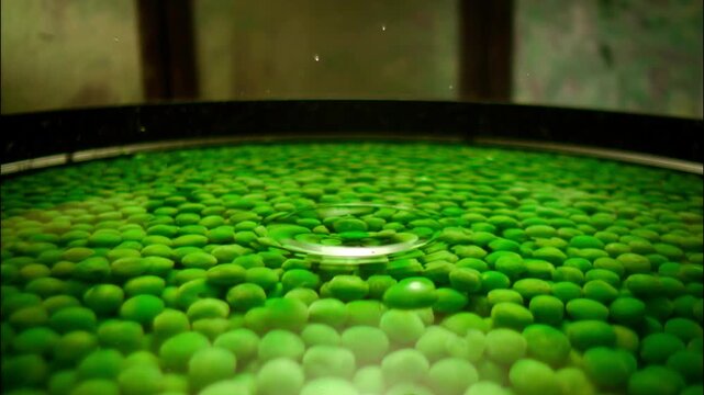Single pea falling into bowl full of green peas capturing slow motion splash effect.