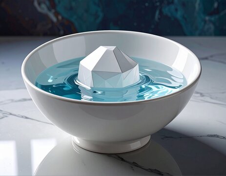 Geometric object floats in blue liquid in a white bowl conceptual image