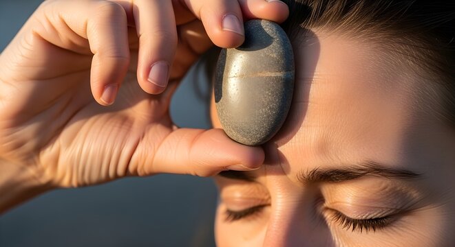 Woman meditating with stone on forehead closeup conceptual image