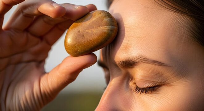 Womans hand holding smooth stone near forehead against soft sunlight