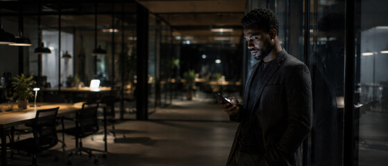 Obraz premium Focused man using phone in dark office at night