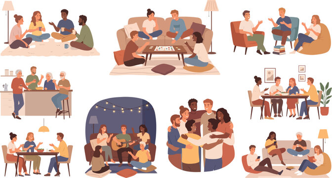 Diverse group of friends and family enjoying leisure time together in various casual settings with together gathering relaxation conversation happiness connection informal activities standing