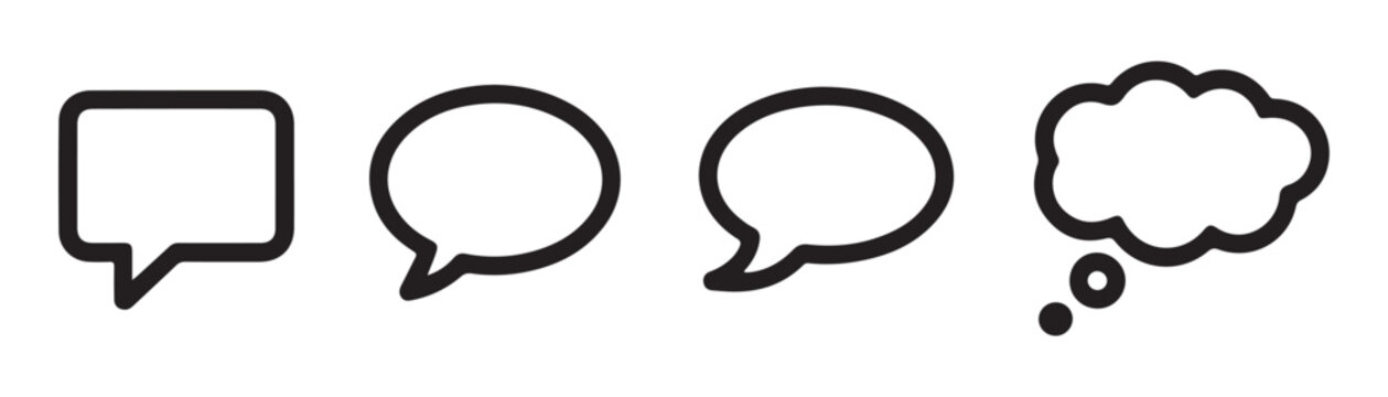 Comic style speech and thought bubble collection with black outlines on checkered gray background.