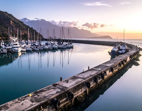 A serene marina at sunset with boats and a mountain backdrop
