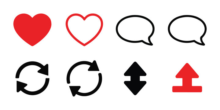 Social media interface buttons vector set: red heart, outlined heart, comment speech bubble, refresh arrows, and up-down arrows.