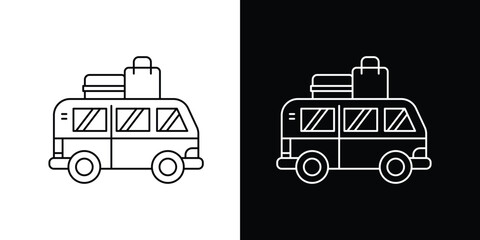 Clean vector icon illustration of a tourist van, featuring a line art design of a compact bus with rooftop luggage, ideal for vacation and travel themes and representing journey © Tifany