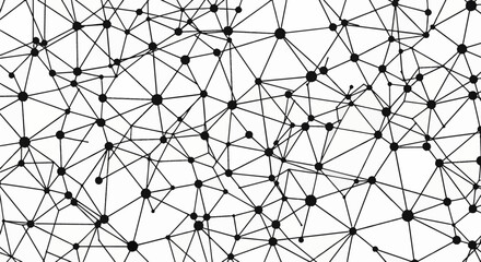 Obraz premium Monochrome geometric network illustration with various sized black circular nodes connected by thin black lines on a white background forming a complex web of neural pathways or data structure.