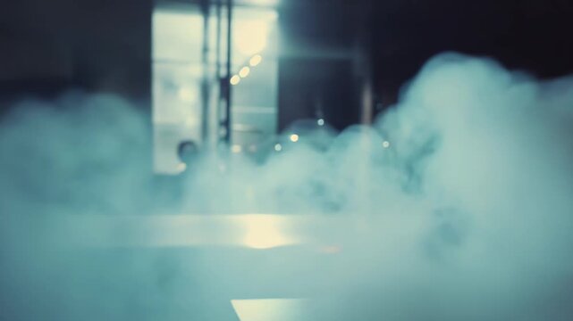 Dense vapor cloud expanding across a hard surface, creating a cold, mysterious atmosphere in a dark, industrial or scientific environment with blurred background lights