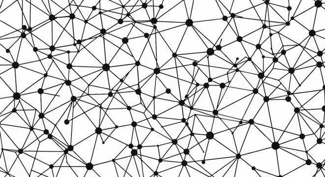 Monochrome geometric network illustration with various sized black circular nodes connected by thin black lines on a white background forming a complex web of neural pathways or data structure.