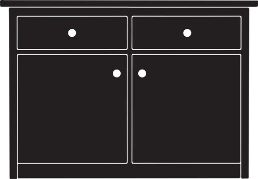 Black cabinet with white outlines and knobs