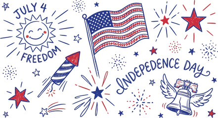 Obraz premium Independence day celebration comes to life with hand drawn fireworks and festive patriotic icons.