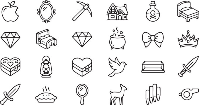 Fairytale and Magic Adventure Icon Set: Black and White Line Art Vector Illustration of Poison Apple, Magic Mirror, Cauldron, and Fantasy Elements