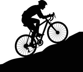 Obraz premium Man riding bicycle on hill slope in silhouette isolated on white background