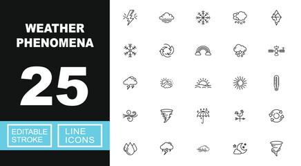 Fototapeta premium Weather phenomena line icon set. Exclusive Weather phenomena line icon collection. Containing lightning, fog, snowflake, hail, iceberg, frost, cycle, rainbow, rain, satellite. Editable stroke.