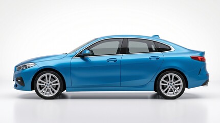 Obraz premium A bright blue sedan is captured in profile against a clean white backdrop.