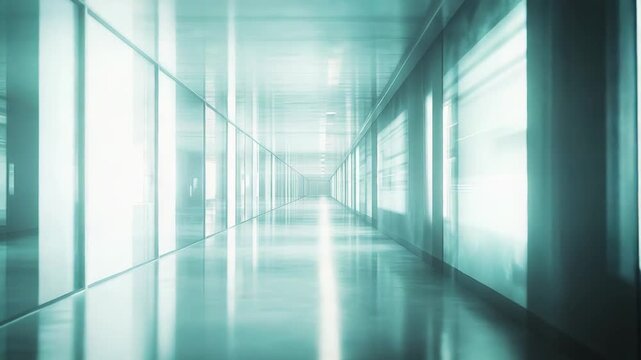 Modern laboratory corridor featuring glass walls and a polished floor, with lighting creating a cool teal hue and conveying a sense of speed, progress, and advanced technology