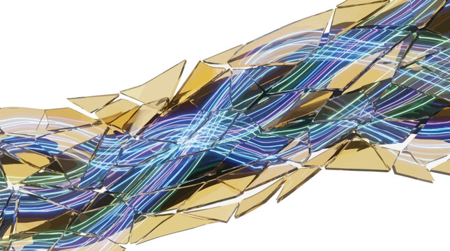 Abstract data streams flow through golden geometric shards to visualize complex networking connectivity.