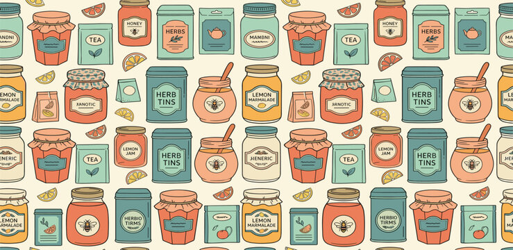 Delightful seamless pattern with hand-drawn honey jars, sweet fruit jams, and aromatic tea packets, ideal for culinary and packaging designs