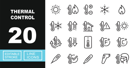 Thermal control line icon set. Exclusive Thermal control line icon collection. Containing sun, fire, adjustment, snowflake, flame, cold, rising, house, warning, sunny, thermostat. Editable stroke. © Catostd
