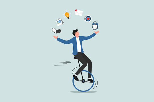 Productivity skills or experts, multitasking work and time management concepts, skilled entrepreneurs who ride a unicycle while juggling various elements, laptop, calendar, ideas and emails.