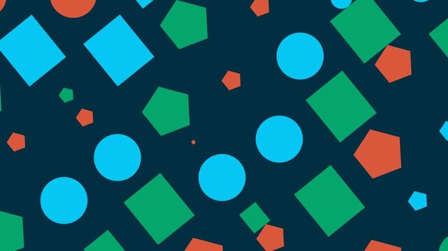 Dynamic geometric pattern of colorful shapes on dark blue background